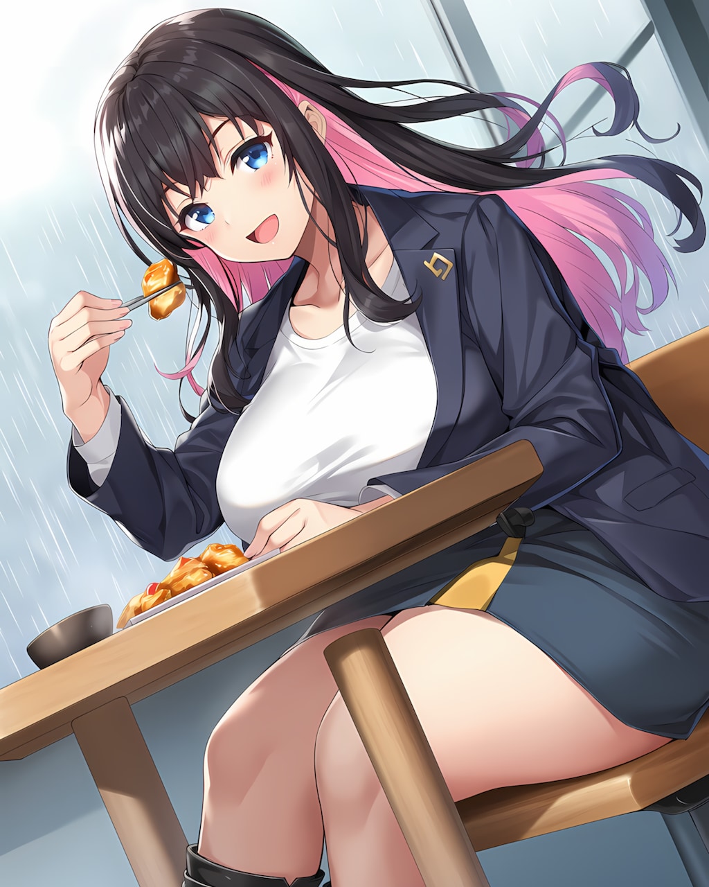 ☔雨の日は学食ランチ🍔紺ブレ×ミニスカの優等生ギャル✨