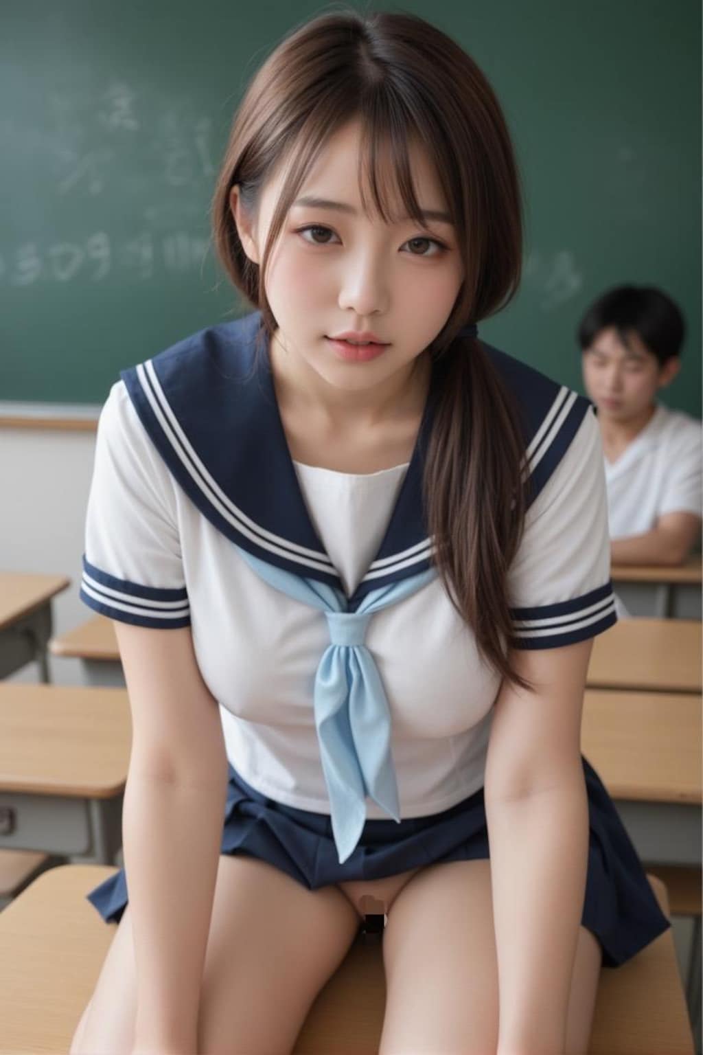 机を濡らしてくる彼女