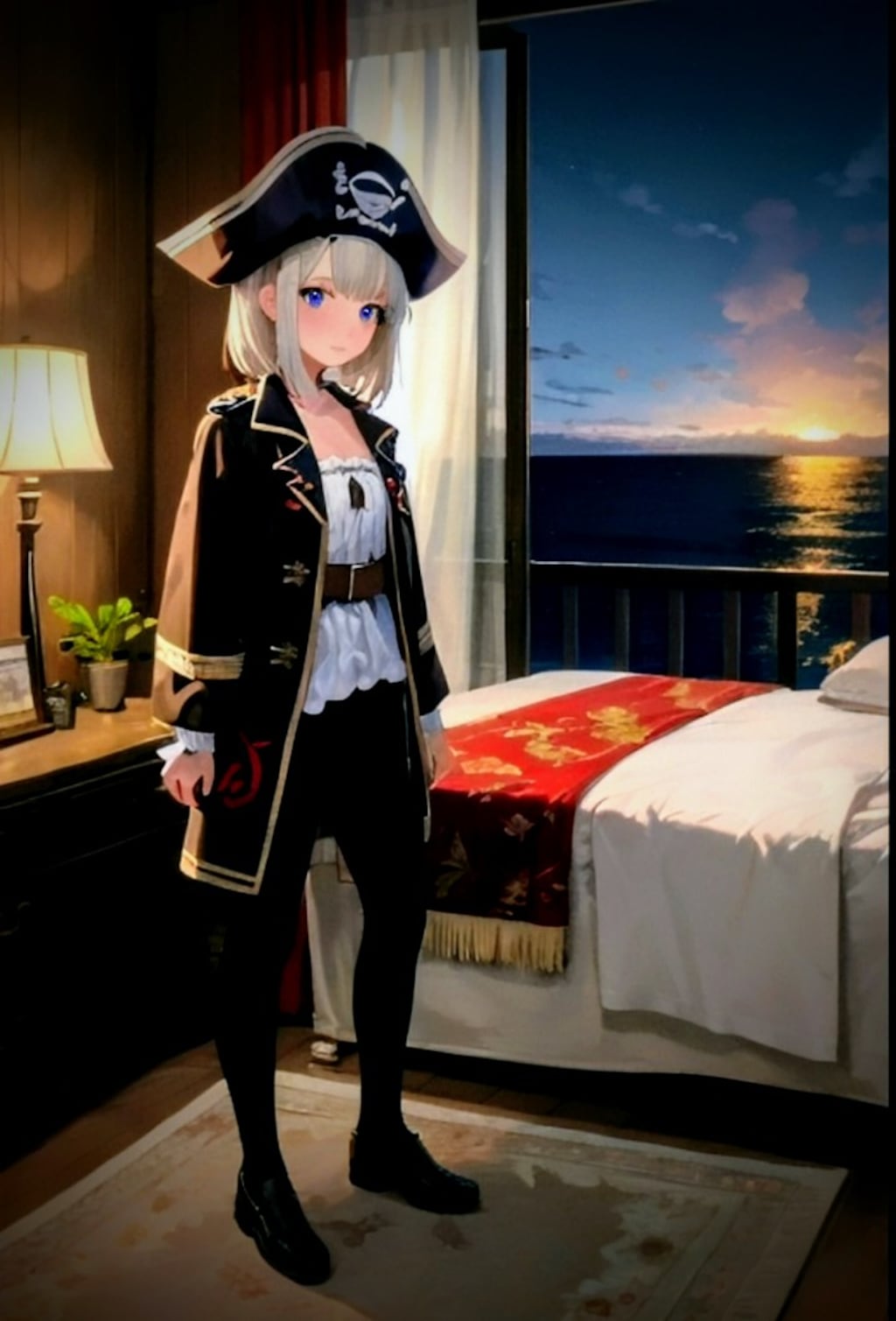 船型のホテル内と、　　　　　　　　　　　　　　　　海が観える部屋と　　　　　　　　　　　　海賊コスプレイヤー。