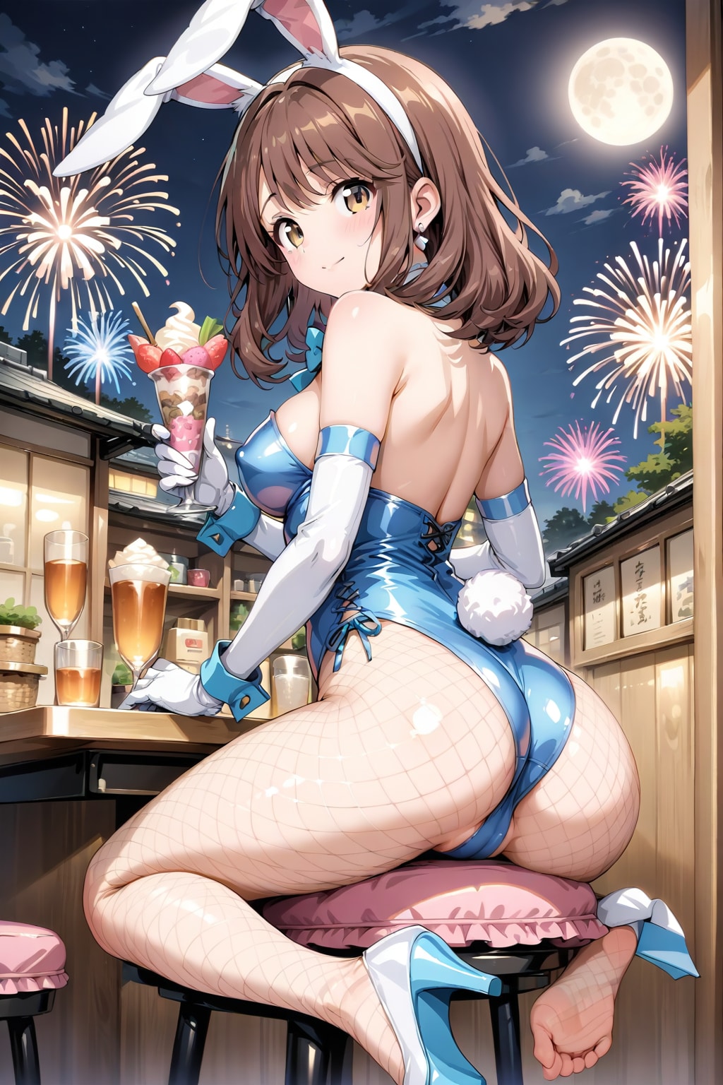 バニーガール衣装の心実を後ろから