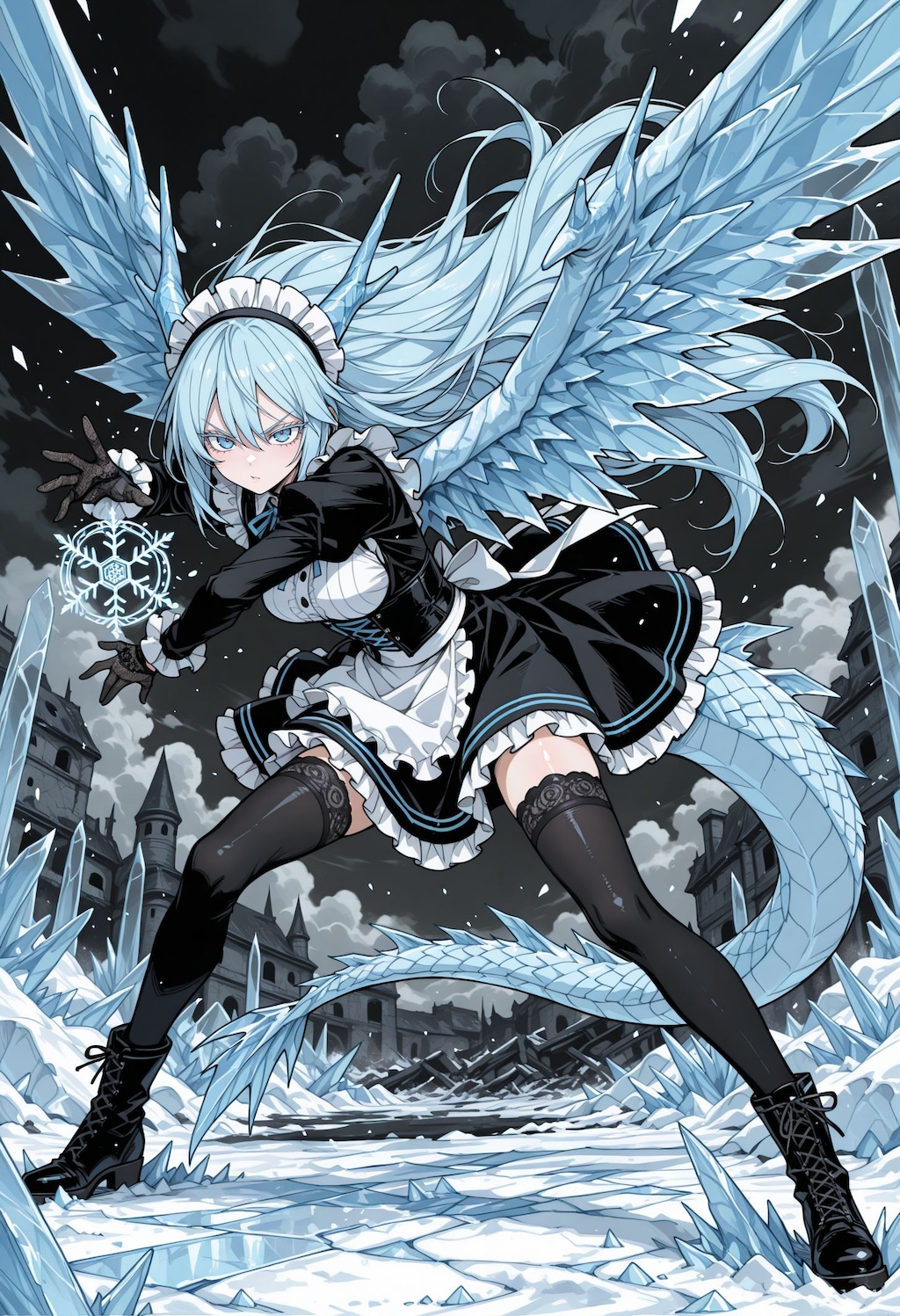 氷青髪ドラゴン娘メイド