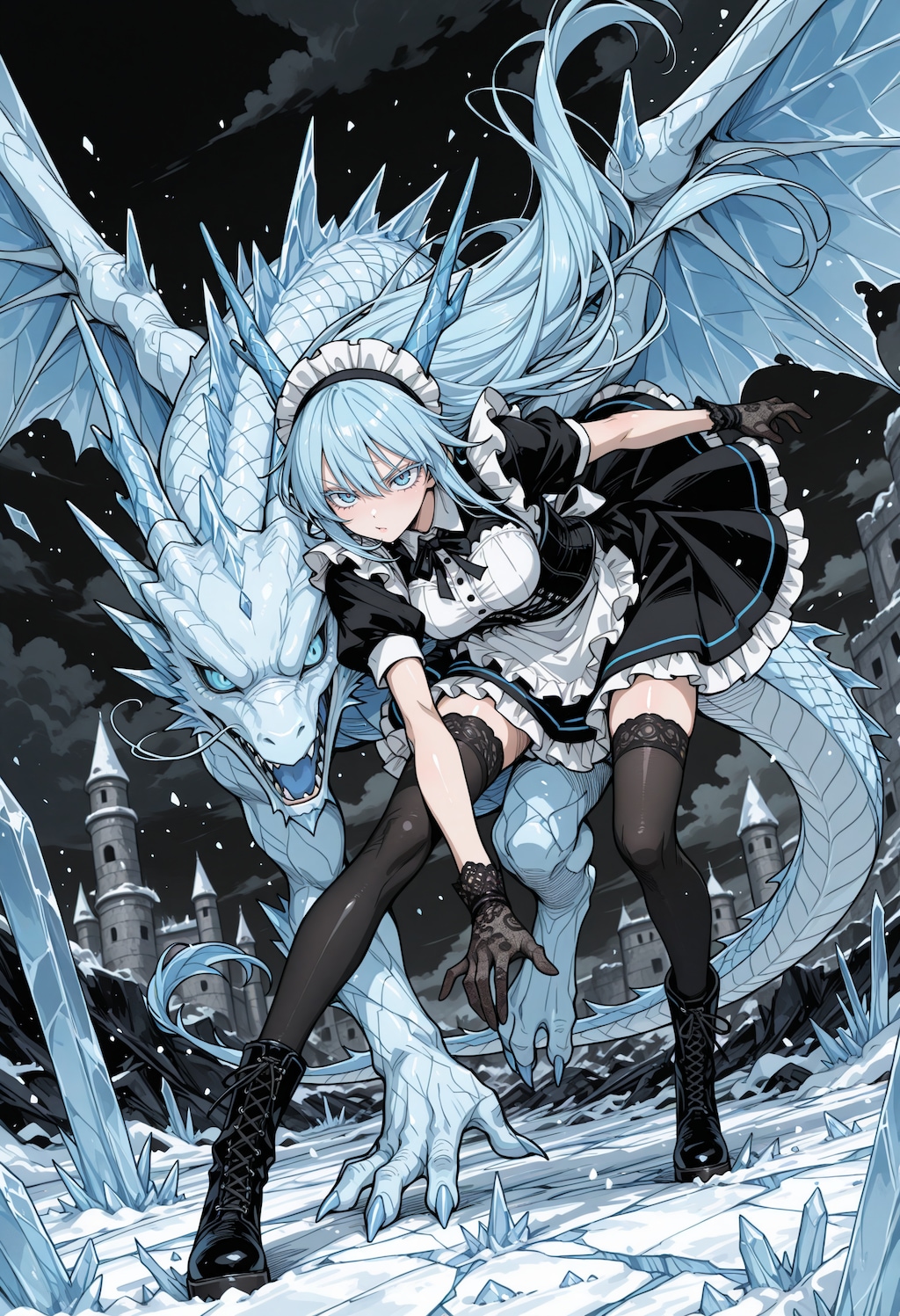 氷青髪ドラゴン娘メイド