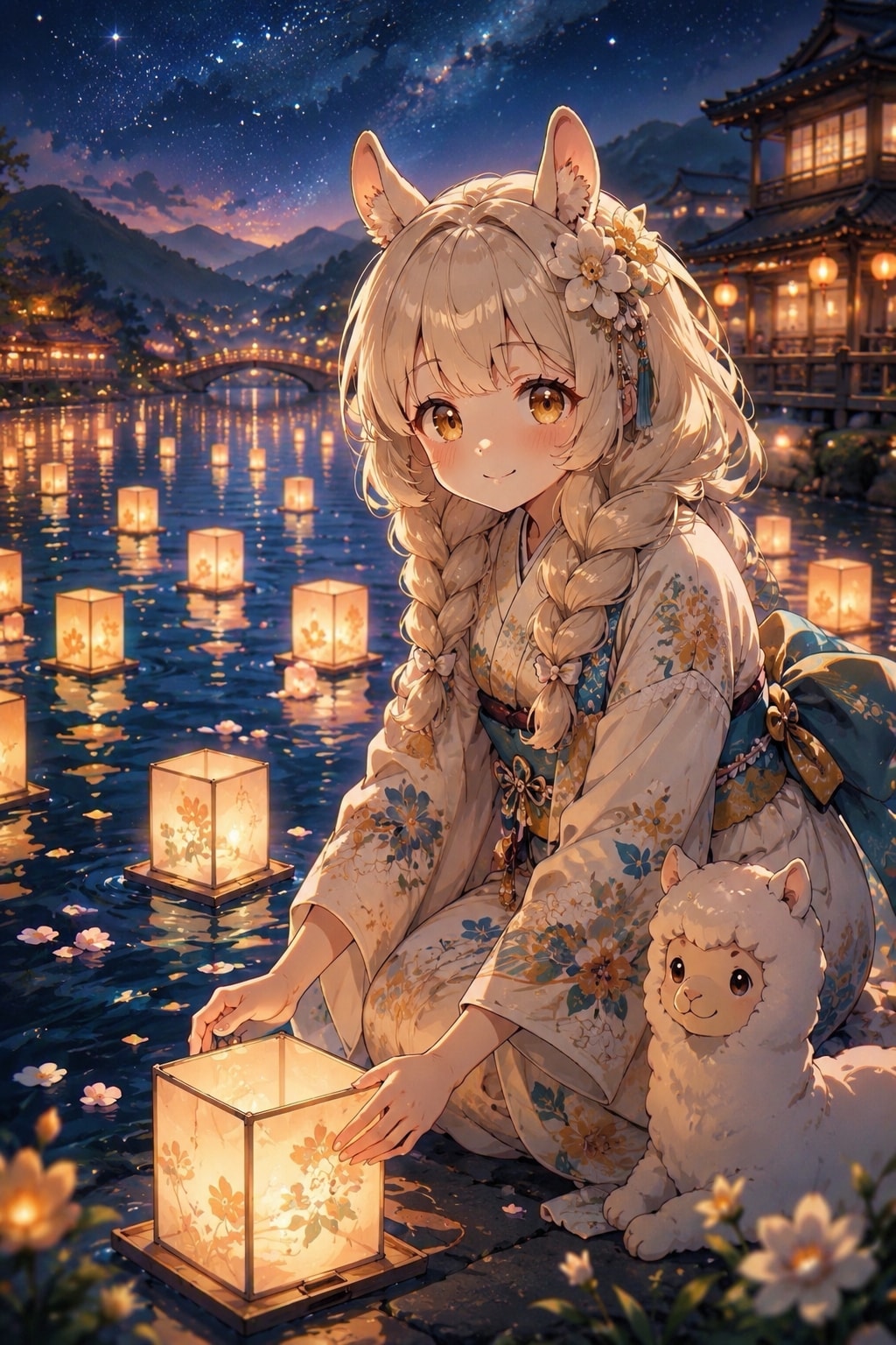 灯籠流しとアルパカちゃん