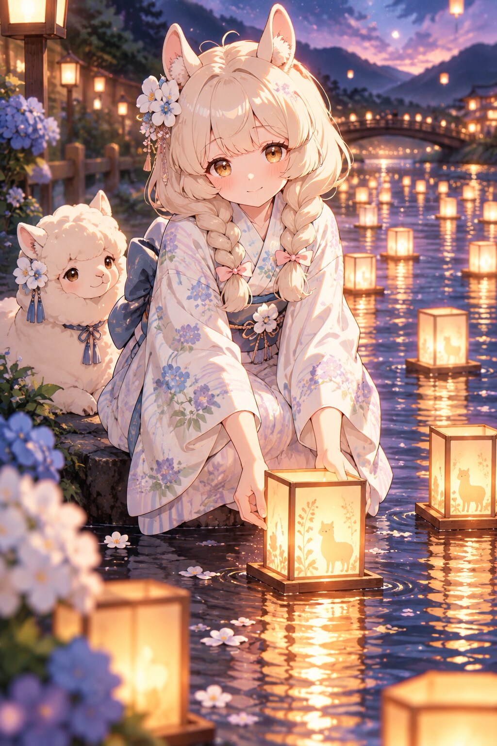 灯籠流しとアルパカちゃん