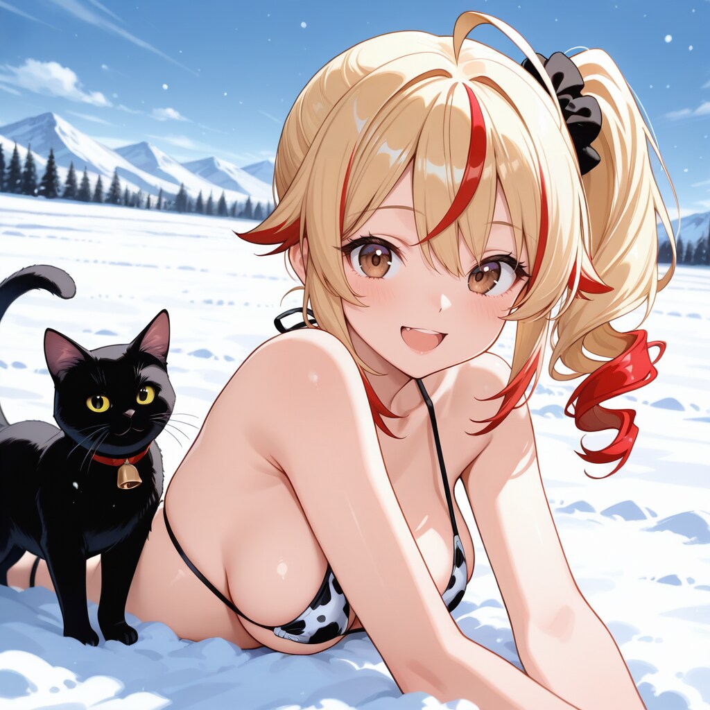 雪山で黒猫とマイクロビキニ