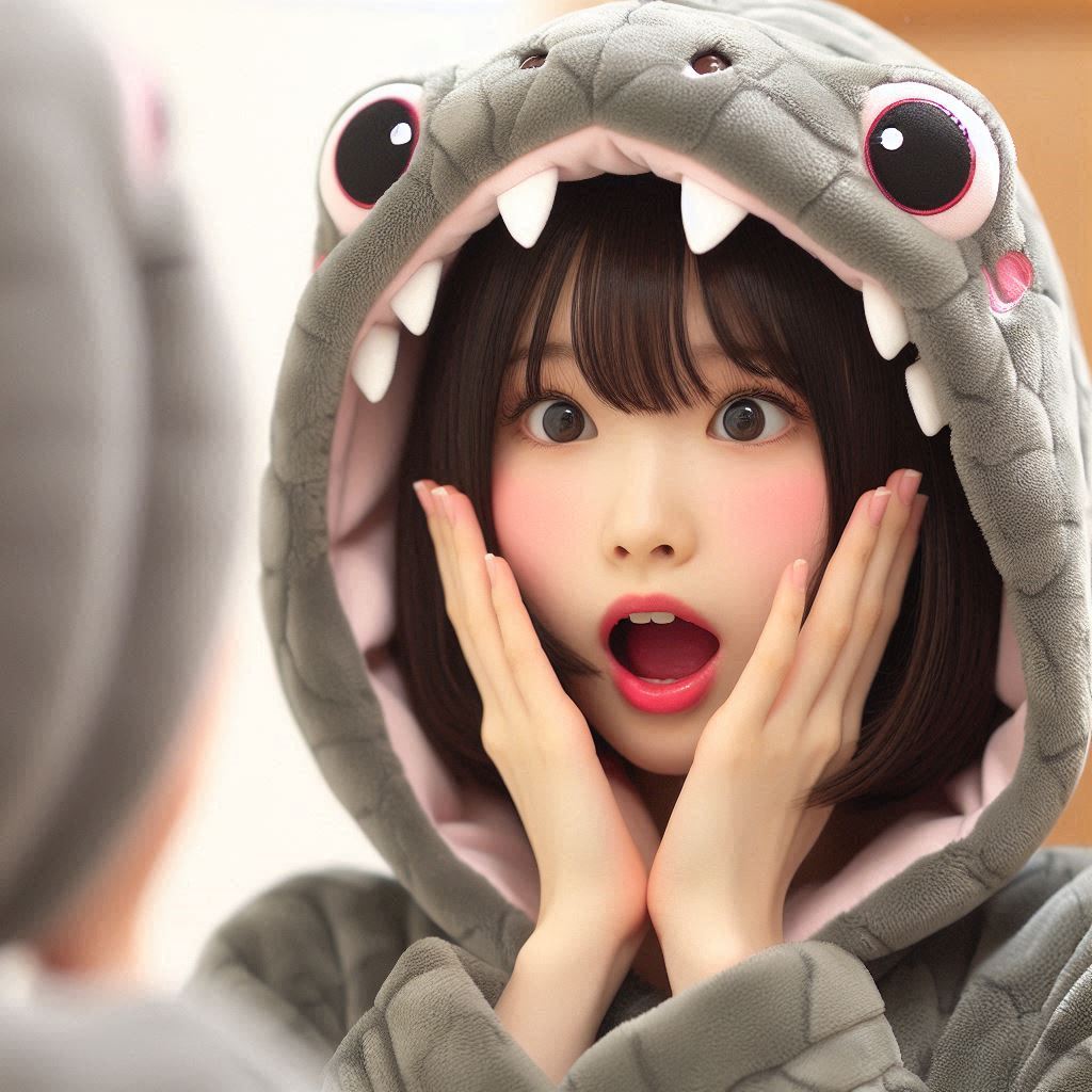 鏡の自分にびっくりノコ