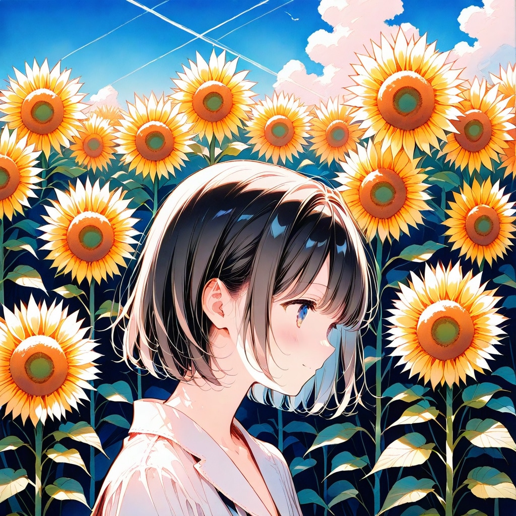 女の子とひまわりと夏