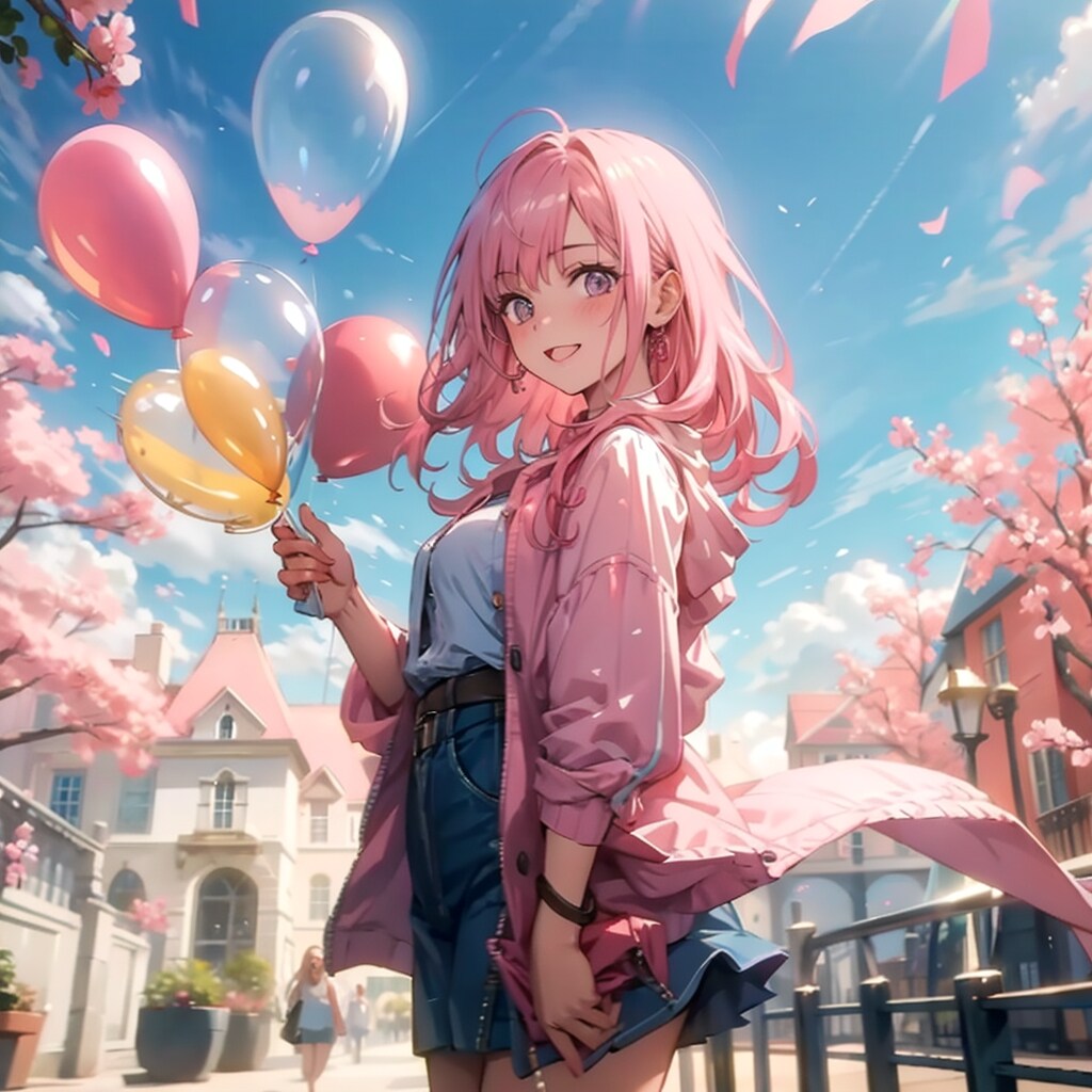 桜咲くお城で風船を膨らませて遊ぶピンク髪ロングの美女