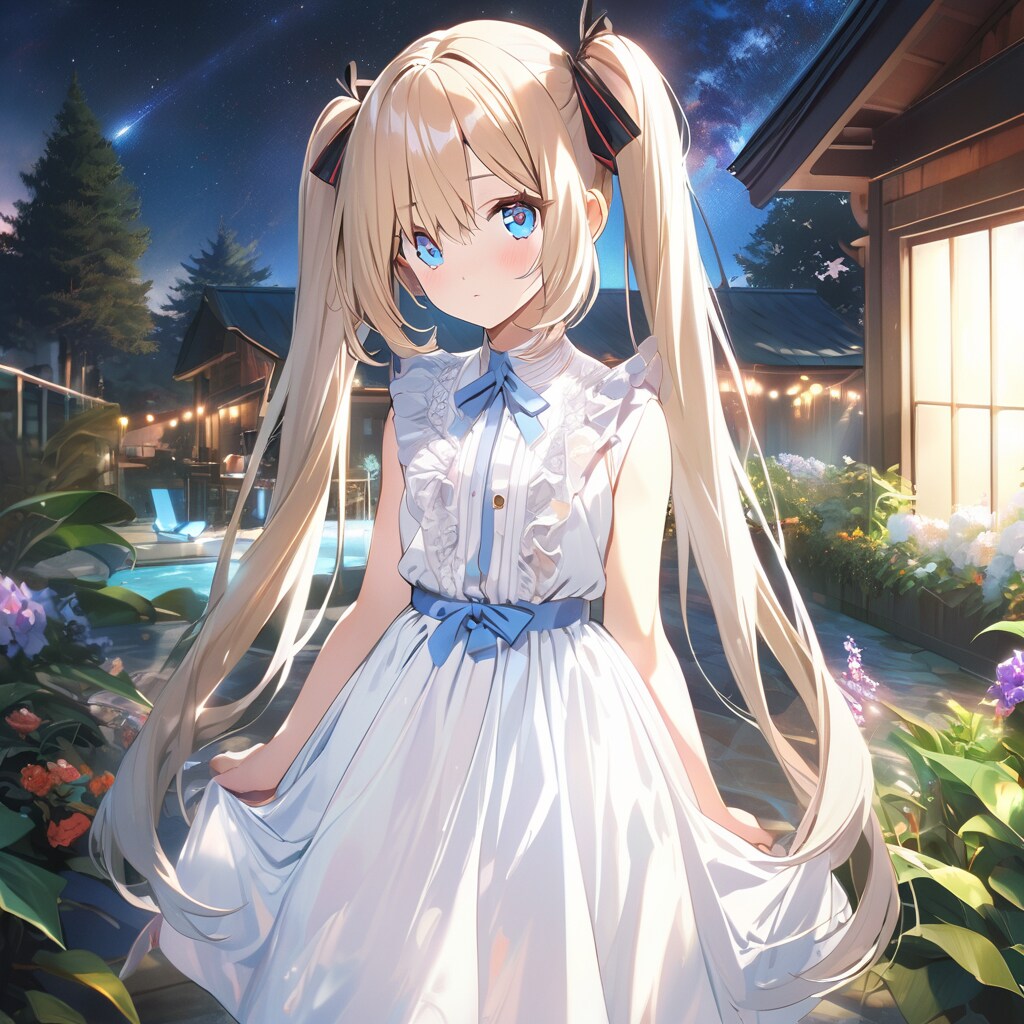ツインテちゃんと夜の庭をお散歩