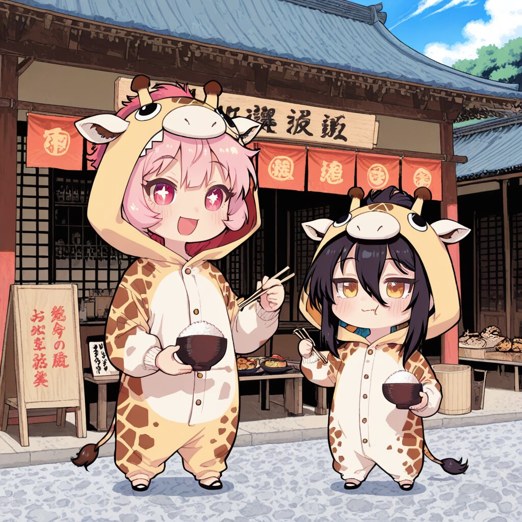 佃煮でご飯を食べるキリン着ぐるみちび子ちゃん
