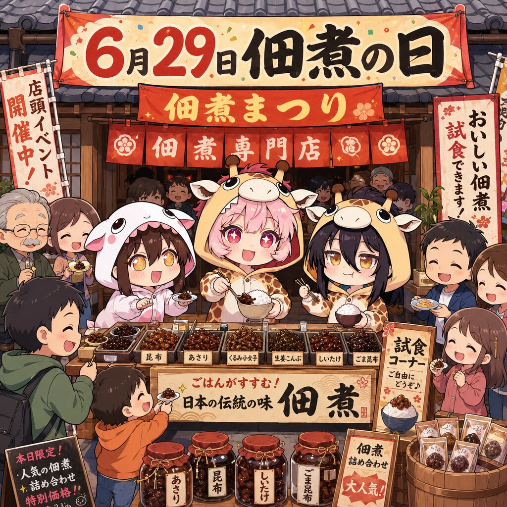 佃煮でご飯を食べるキリン着ぐるみちび子ちゃん