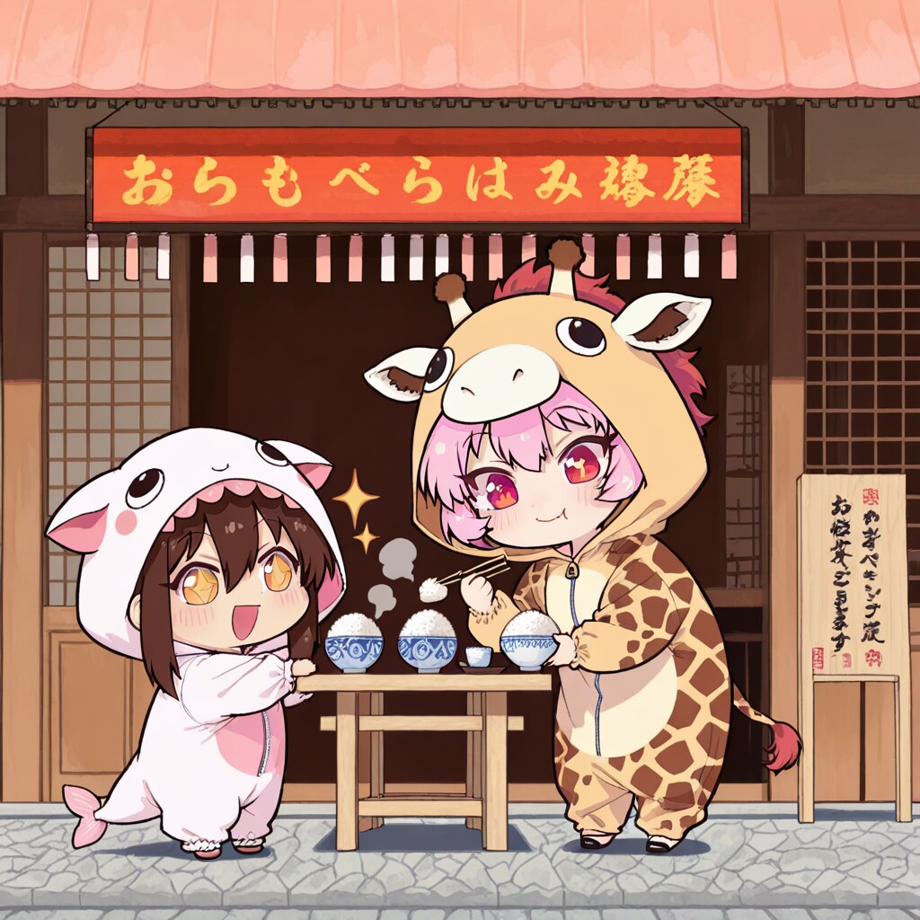 佃煮でご飯を食べるキリン着ぐるみちび子ちゃん