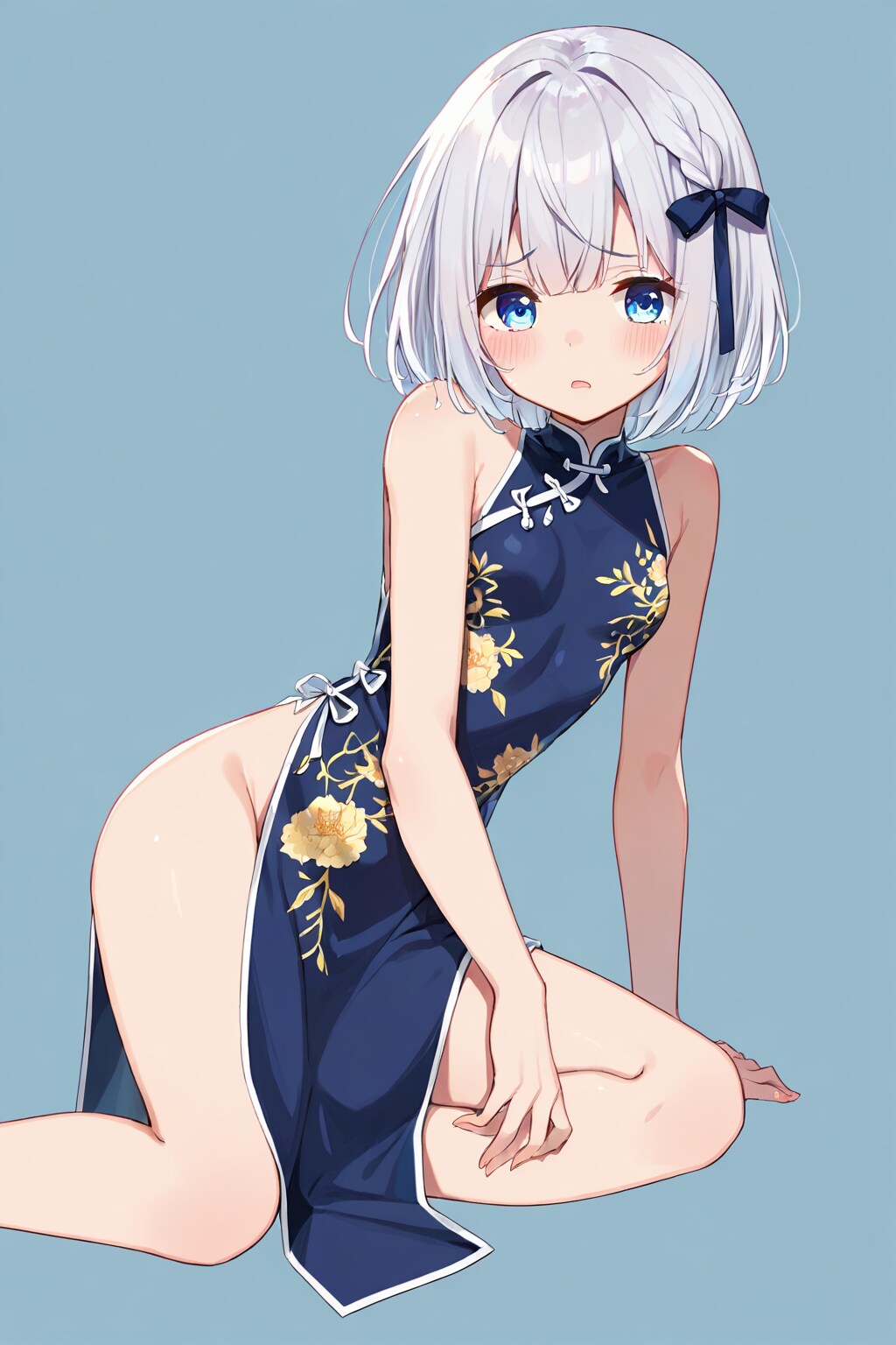 チャイナドレスで恥ずかしがる銀ボブちゃん