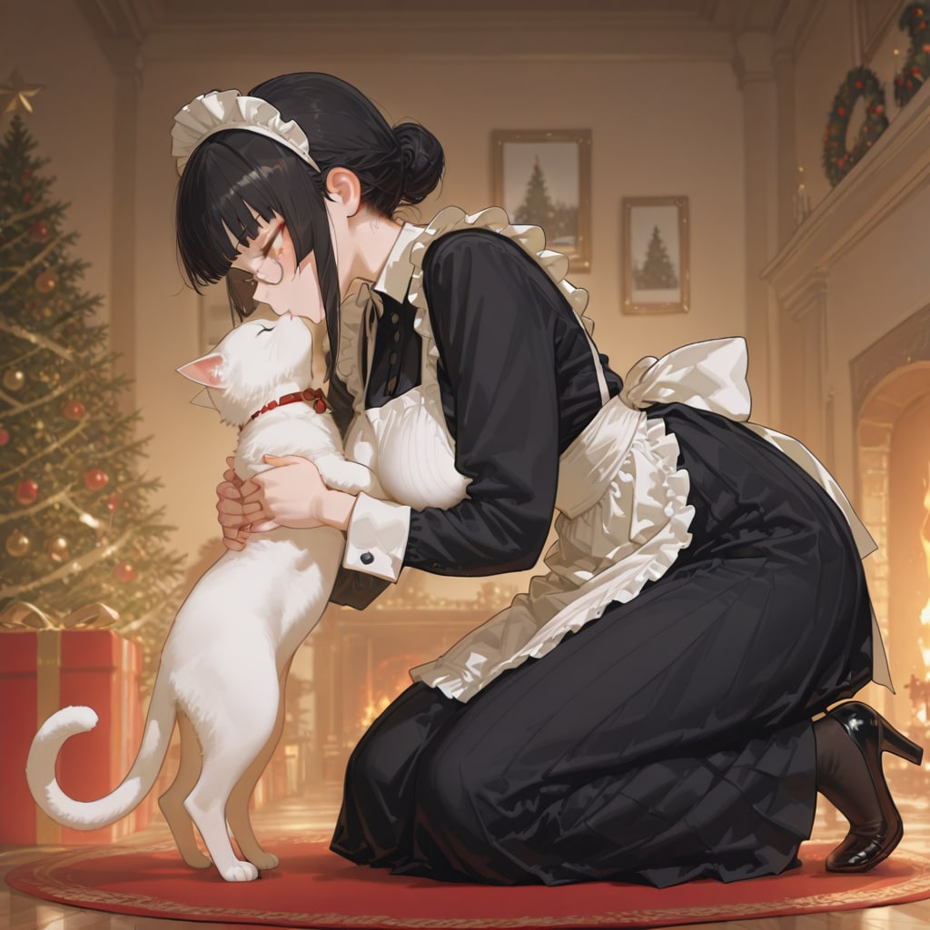 クリスマスの飾り付けを終えてにゃんこと戯れる都和子さん | の人気AIイラスト・グラビア