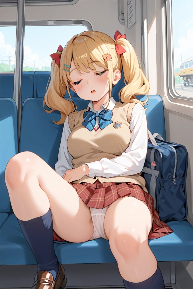電車内で脚広げて白パンツ♡ 金髪ツインテ制服莉奈の眠げあざとい顔😳