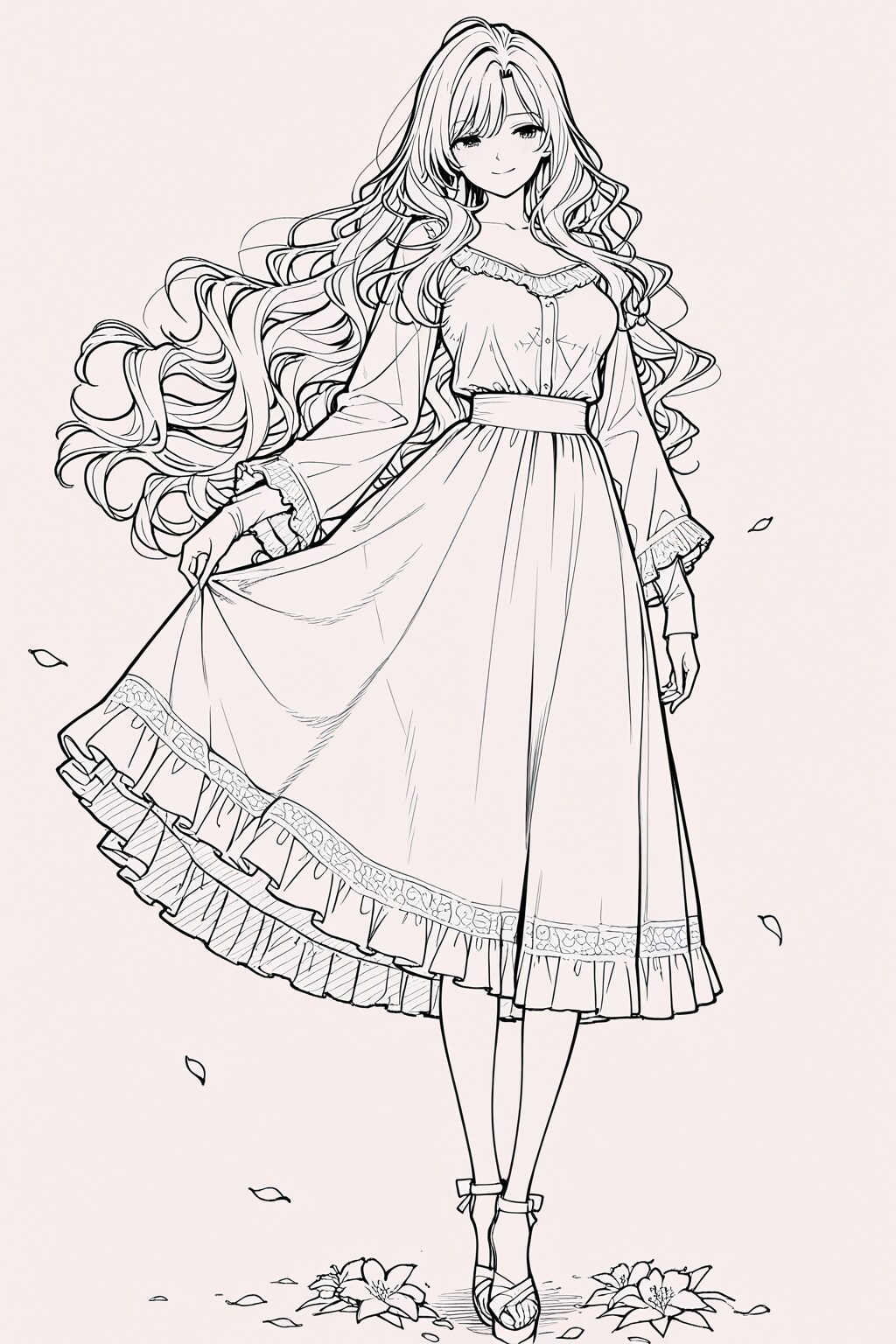 Line drawing of a woman in a one-piece dress, | の人気AIイラスト・グラビア