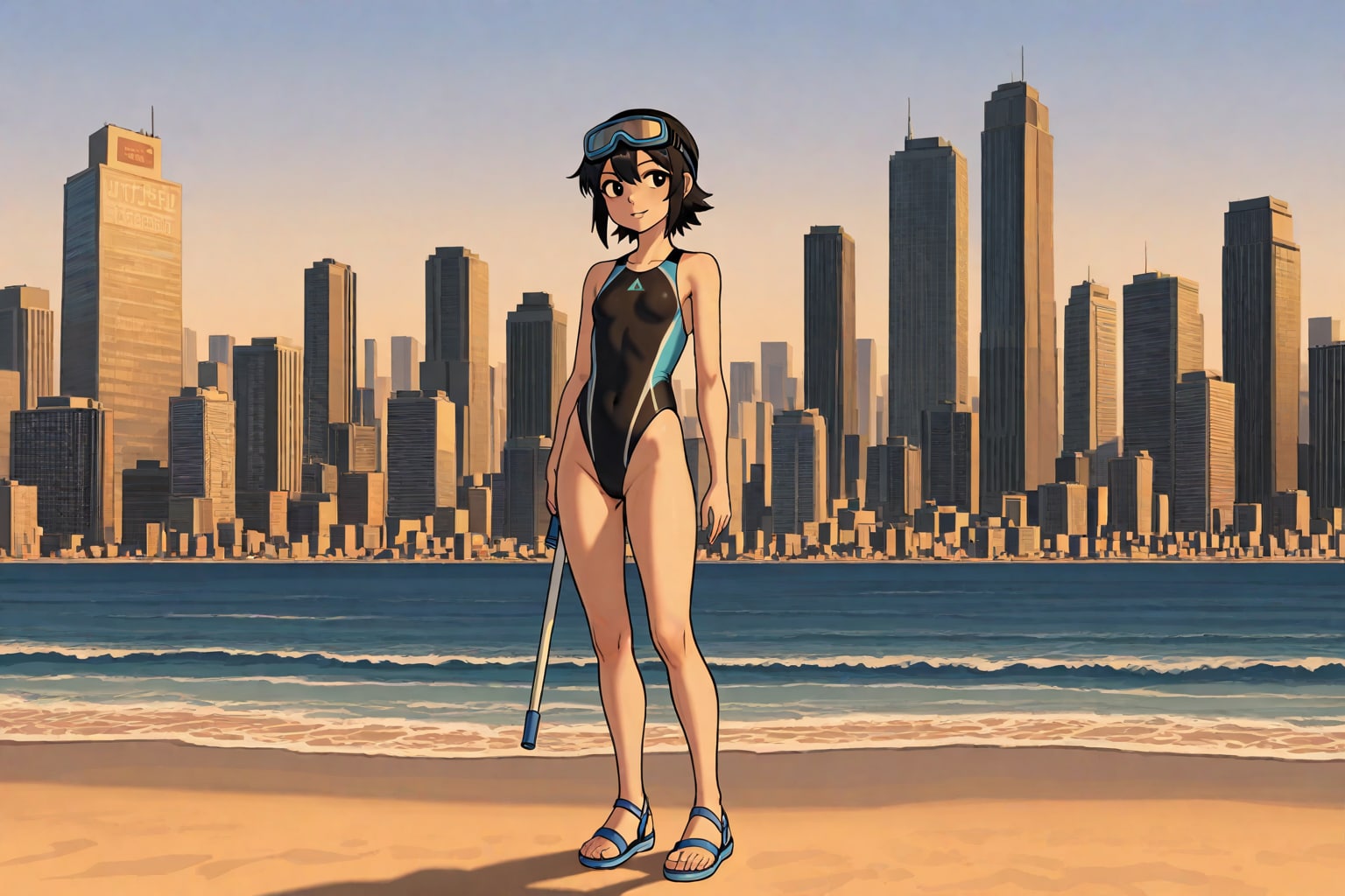 都会と海と競泳水着の少女