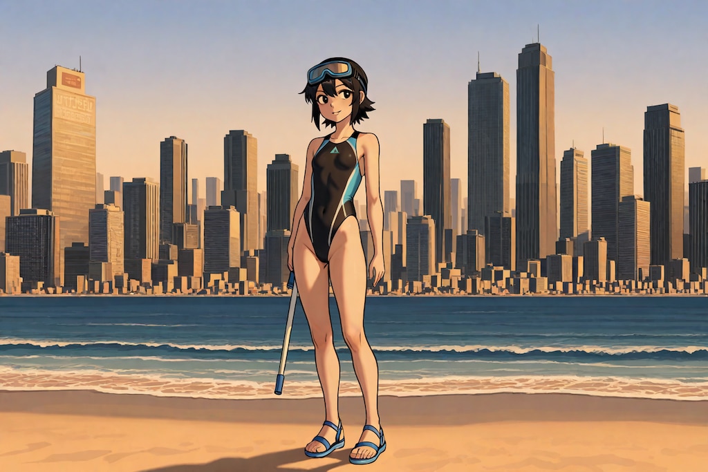 都会と海と競泳水着の少女