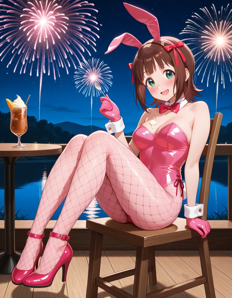 バニーガール衣装のはるるんと花火(PixAI版)