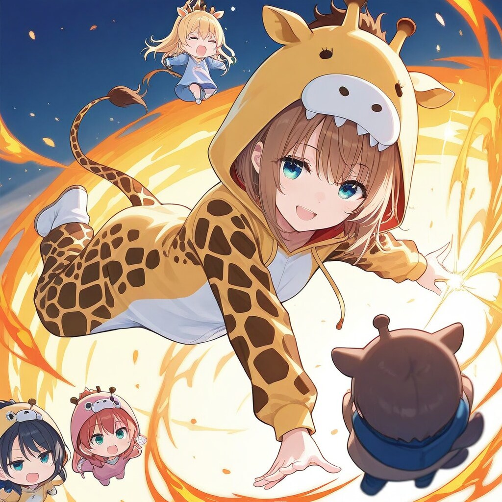 炎のキリン着ぐるみちゃんとちび子ちゃん