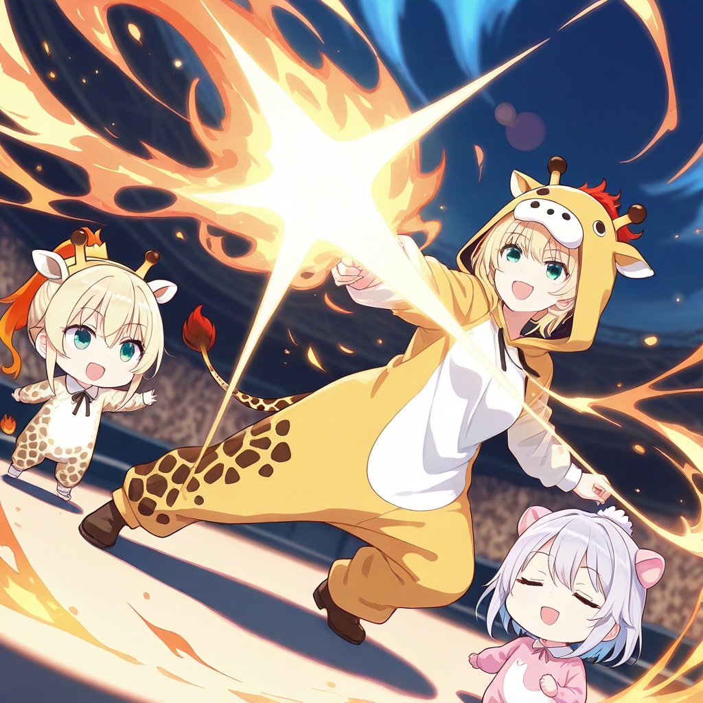 炎のキリン着ぐるみちゃんとちび子ちゃん