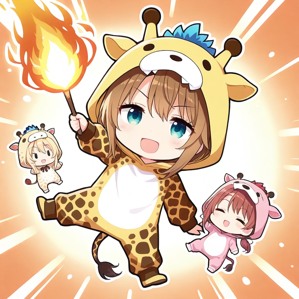 炎のキリン着ぐるみちゃんとちび子ちゃん