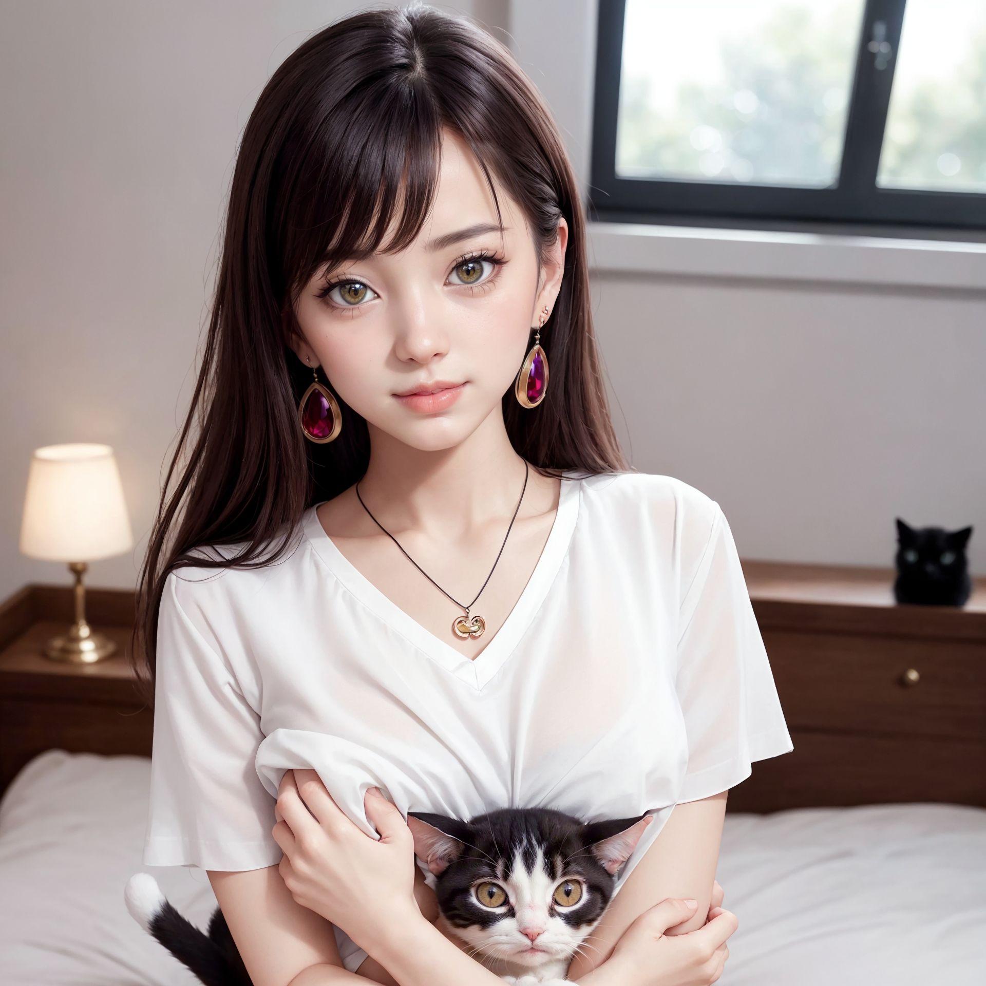 飼い猫を家で抱いてリラックスしている１４歳の美少女