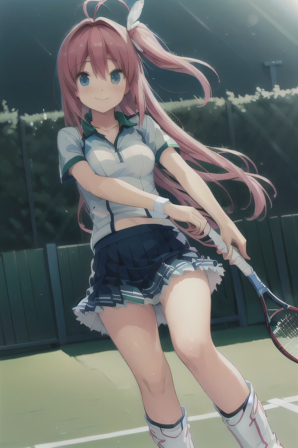 ピンク髪ロングでテニスウェアの少女