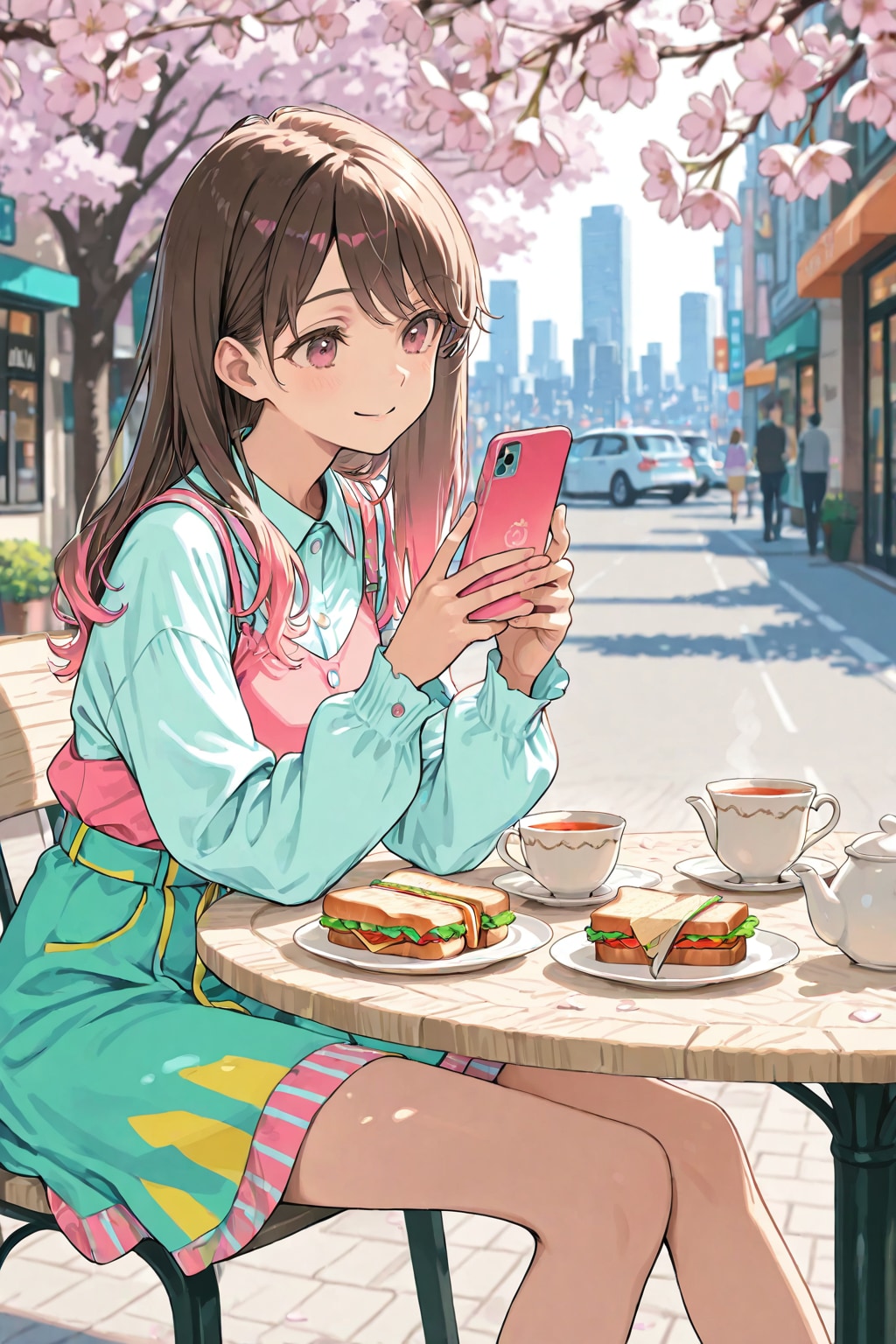 春の新生活のオープンカフェでランチティータイム🥪🫖📱🌸🏙️❤️