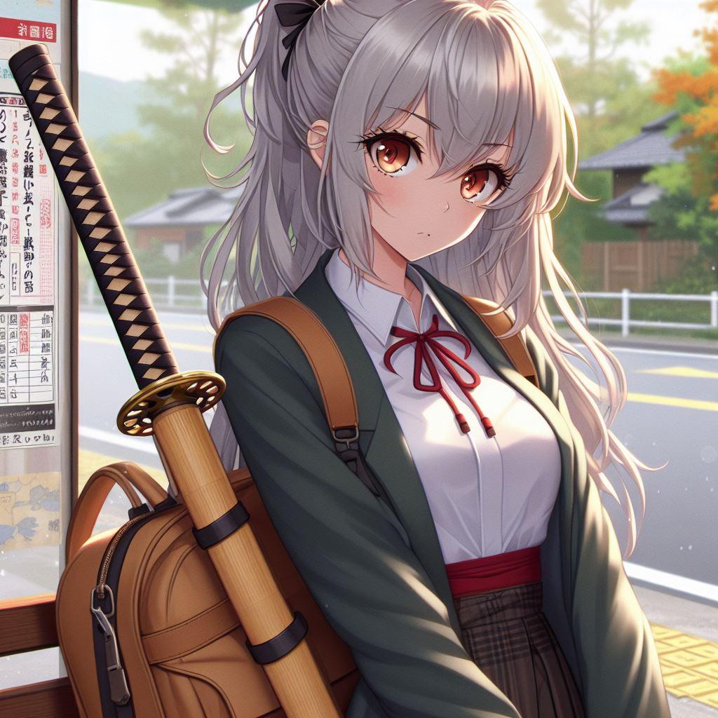 それは竹刀ではなさそうなファンタジー娘のバス停待ち