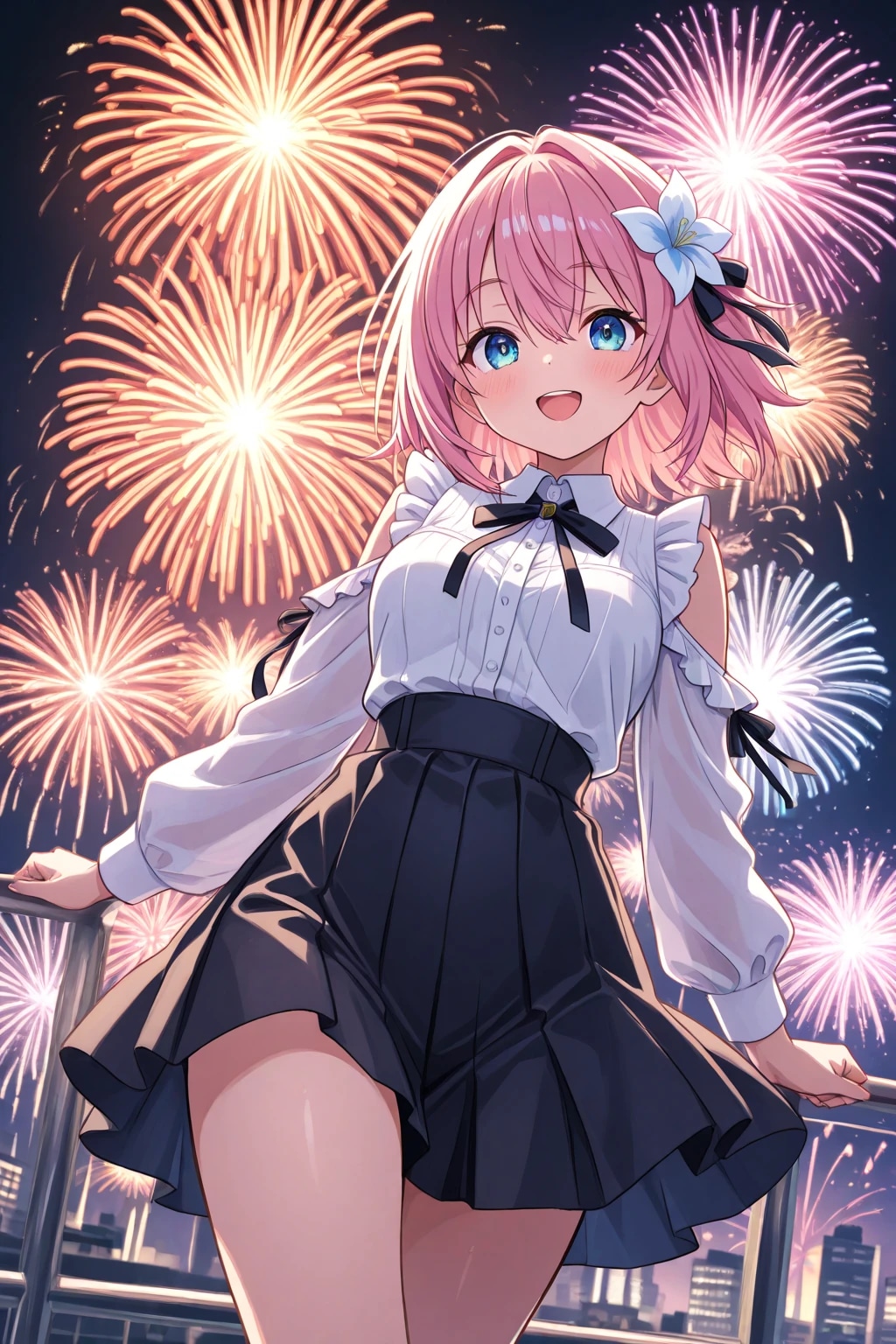 花火をバックに