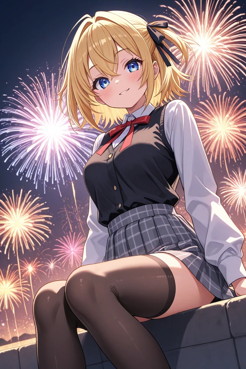 花火をバックに