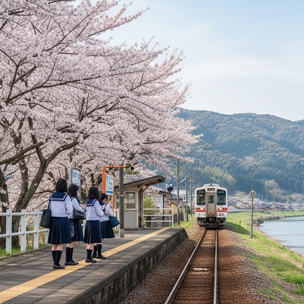 桜咲く駅のホーム