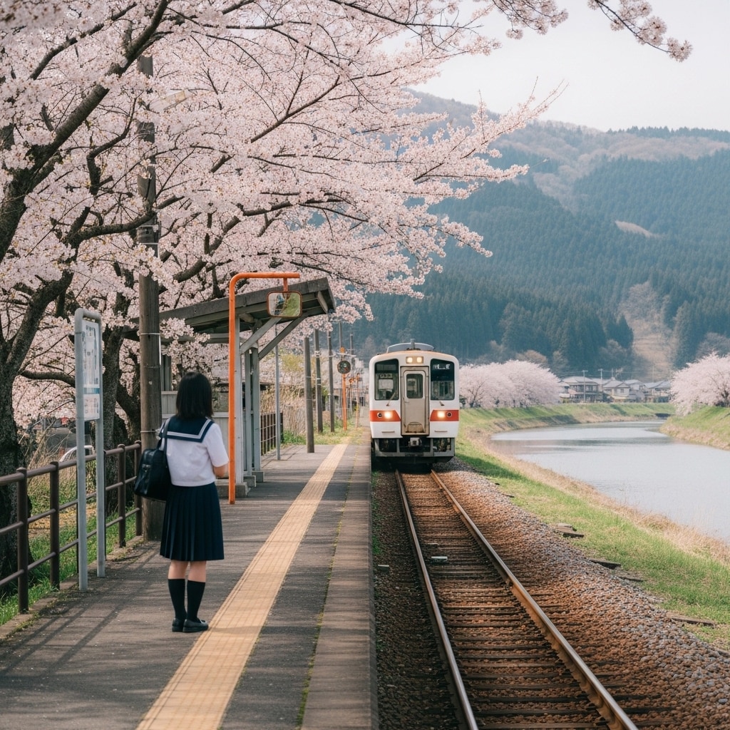 桜咲く駅のホーム