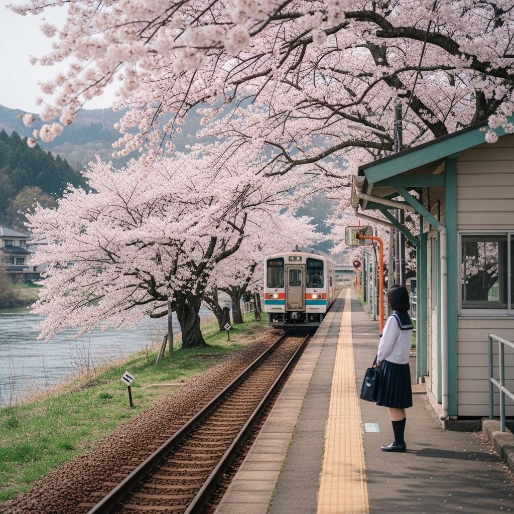 桜咲く駅のホーム