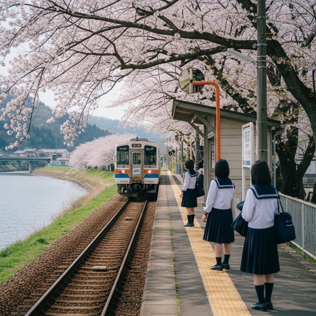 桜咲く駅のホーム