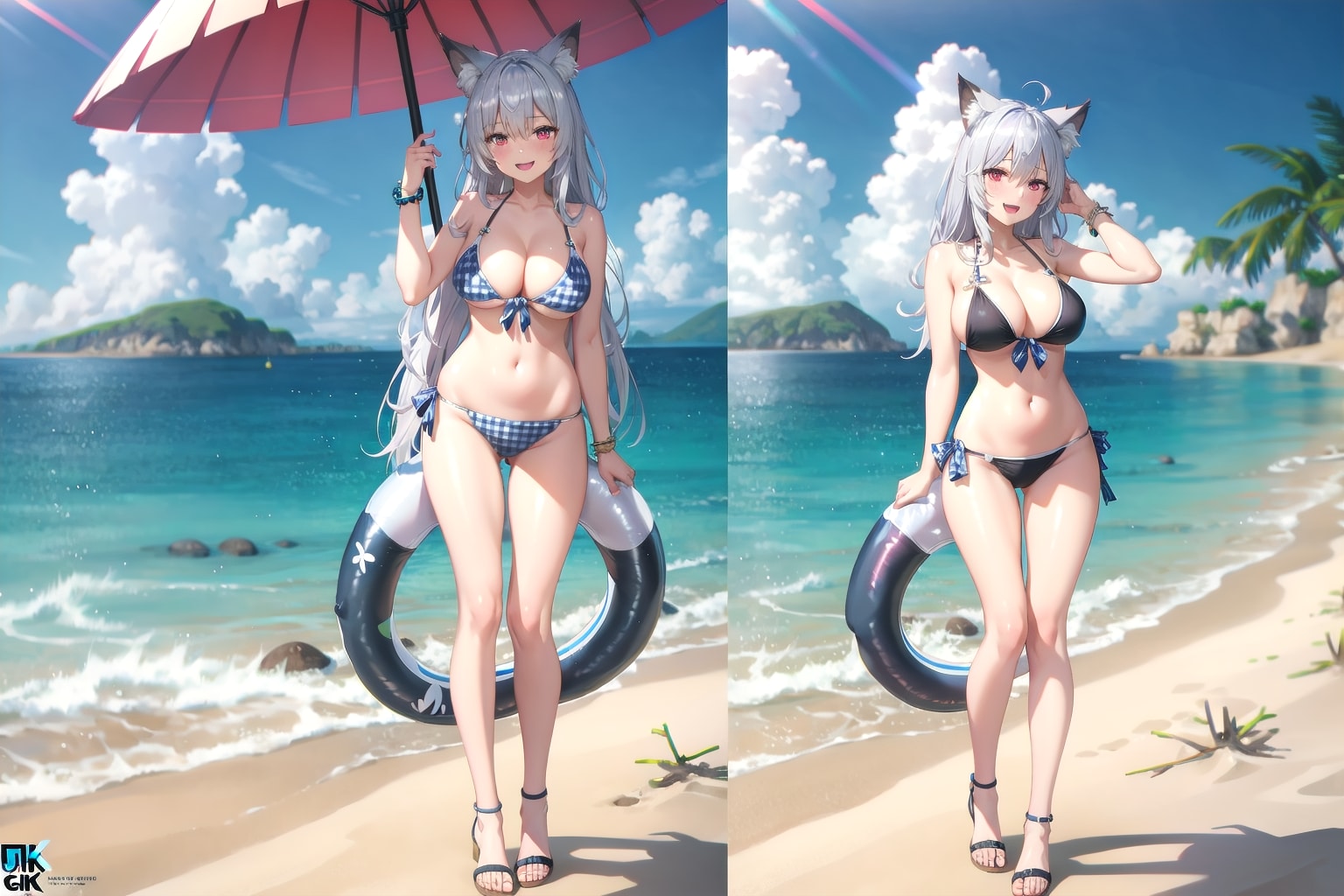 浮き輪を持って