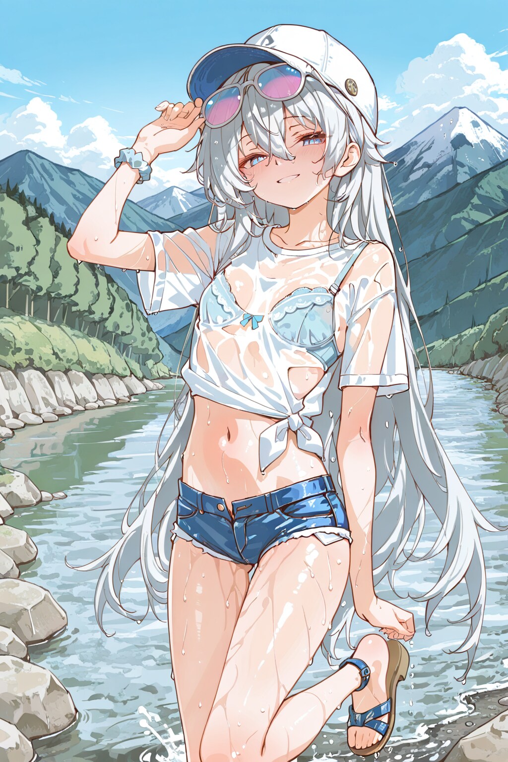 川遊びする銀髪ちゃん