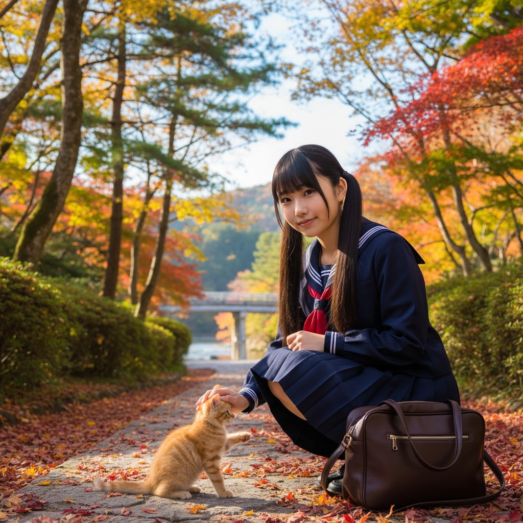 黒ツイさんと子猫 秋 | の人気AIイラスト・グラビア