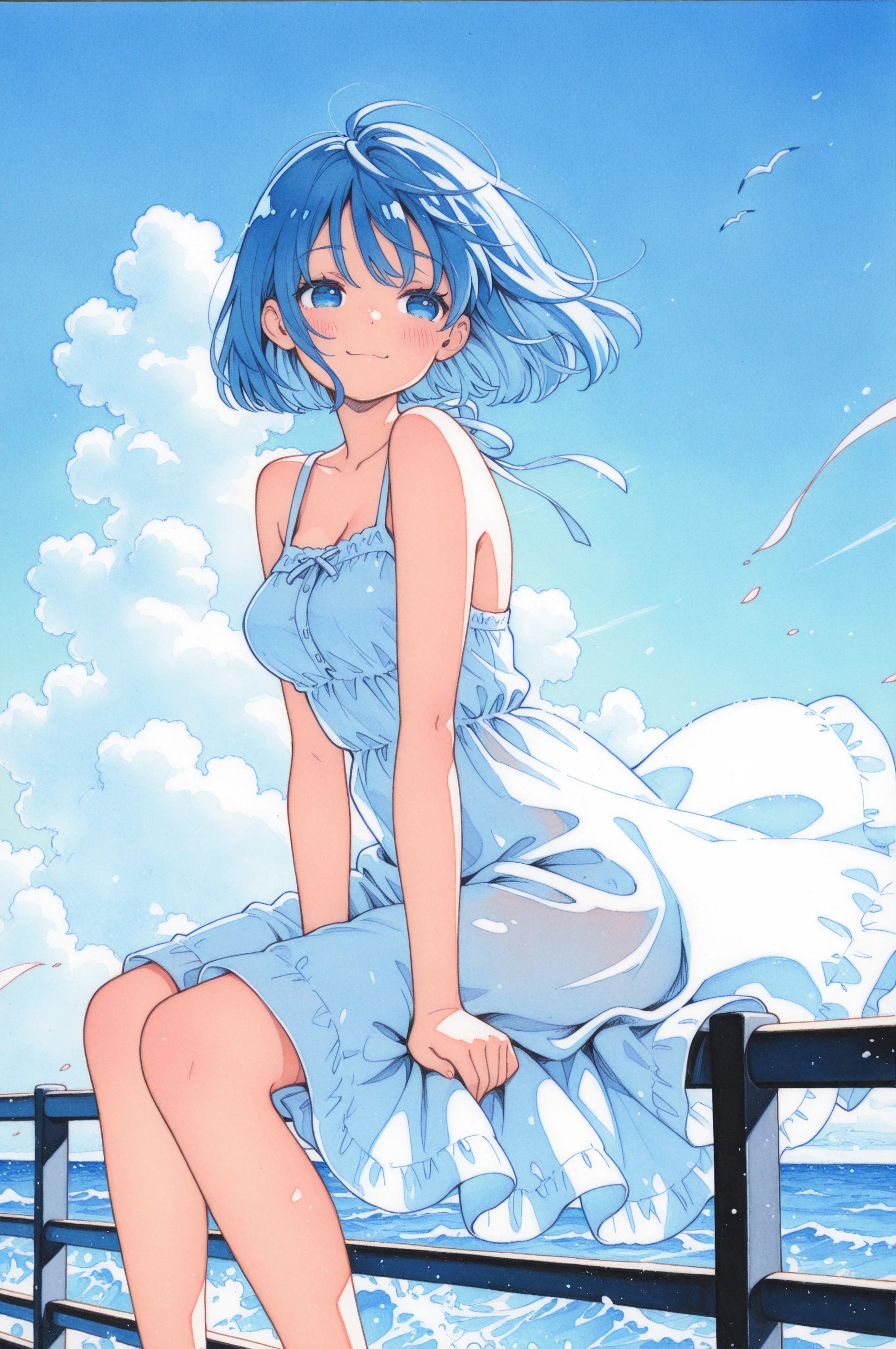 海辺で手摺りに座る女の子 | の人気AIイラスト・グラビア