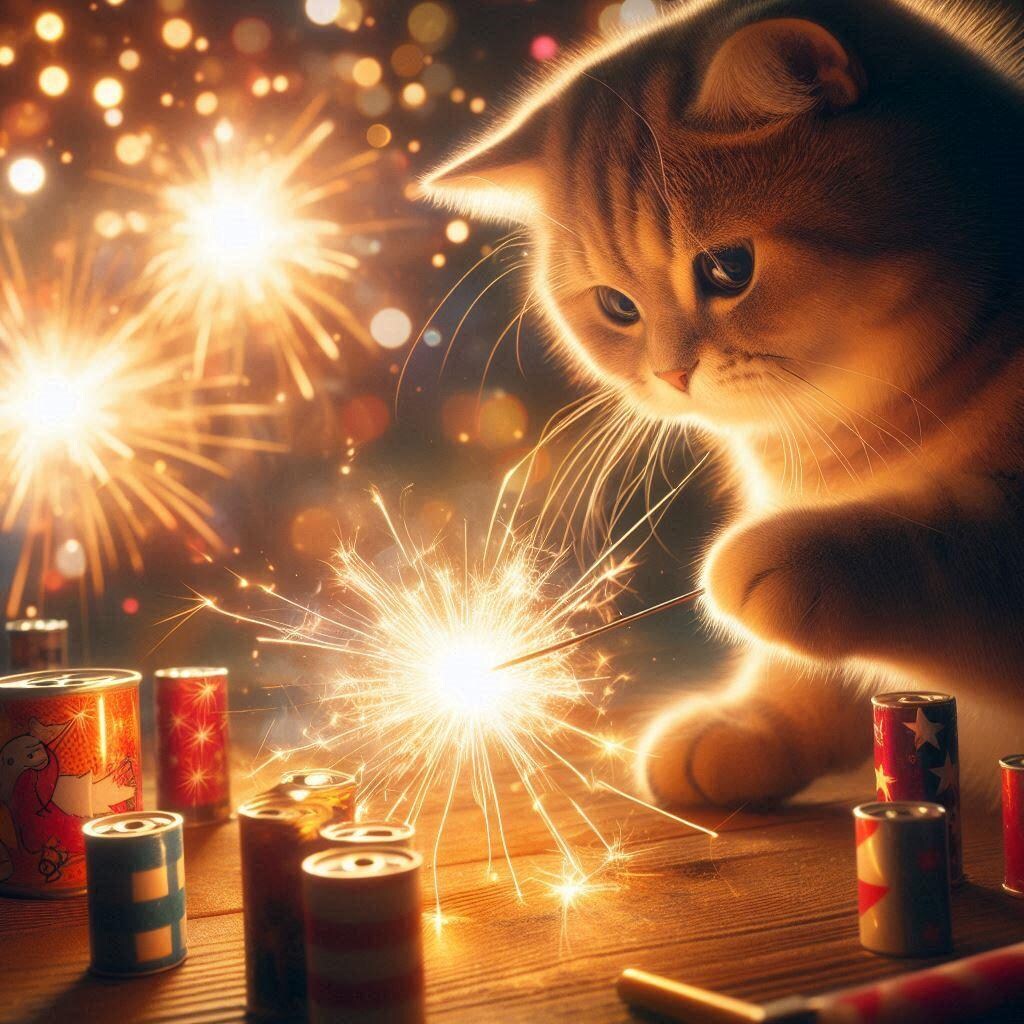 花火をする猫