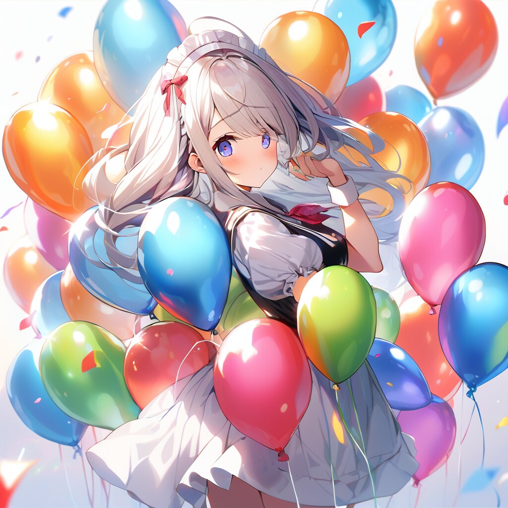 いっぱい色とりどりの風船を持つ銀髪ロングのメイド服着た美女 | の人気AIイラスト・グラビア