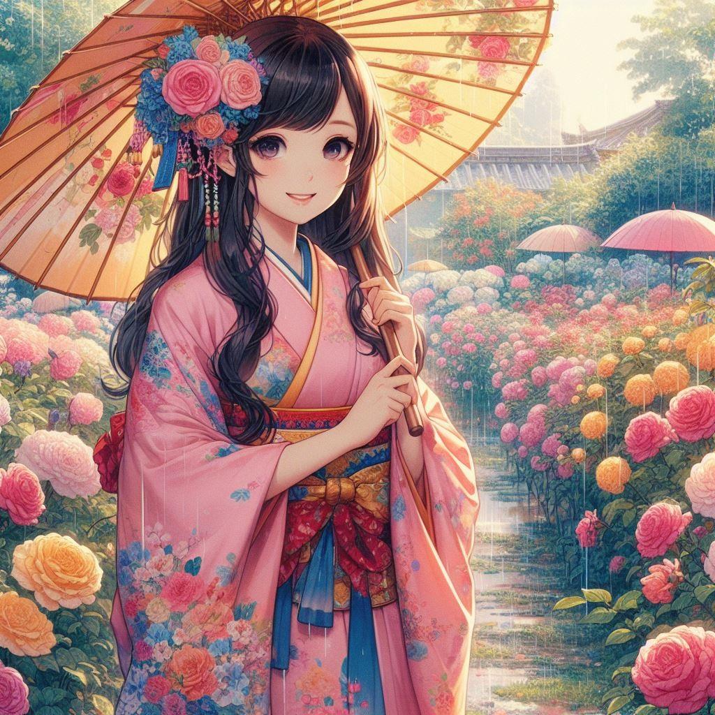 雨の薔薇園