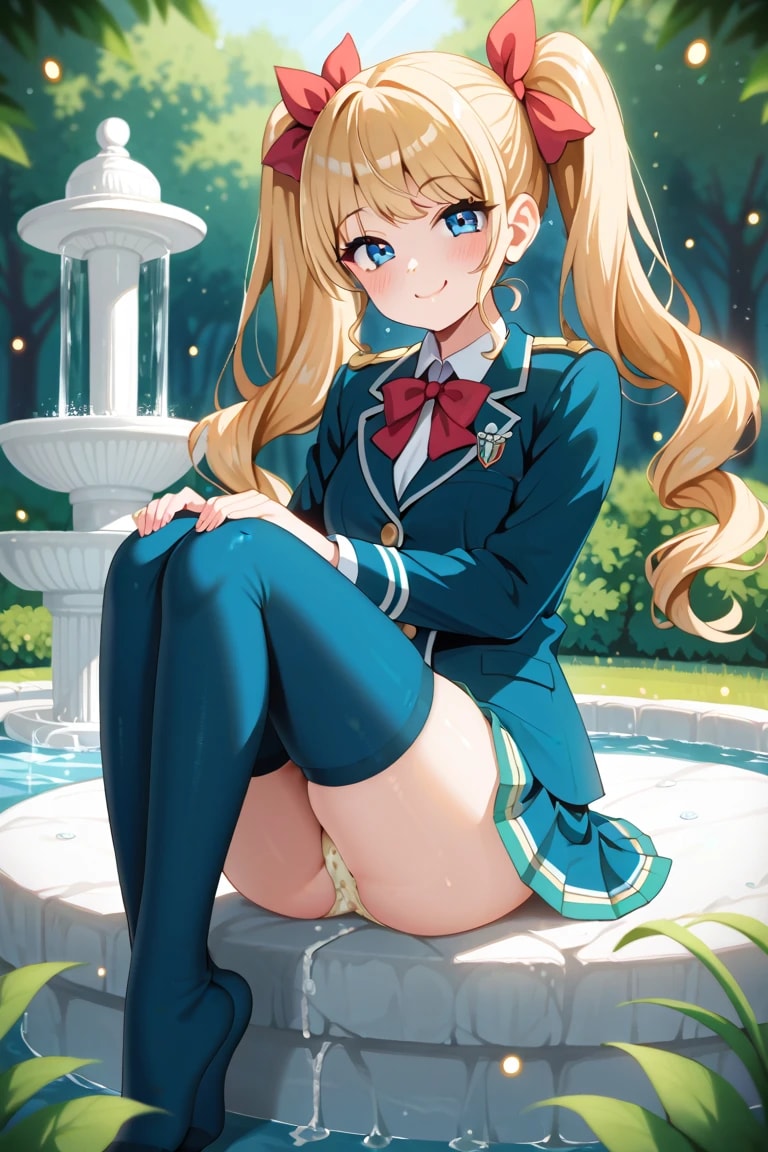 噴水に座ってパンツ見せちゃう金髪ツインテ莉奈の可愛いお尻ポーズ♡