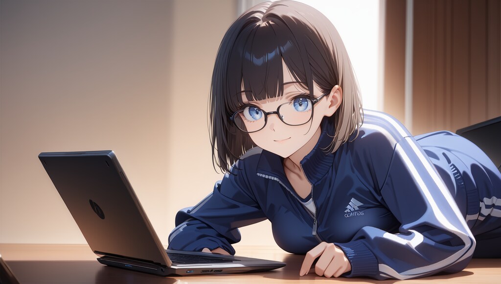 美少女ニートがパソコンを見てほほ笑む
