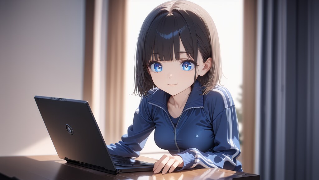 美少女ニートがパソコンを見てほほ笑む