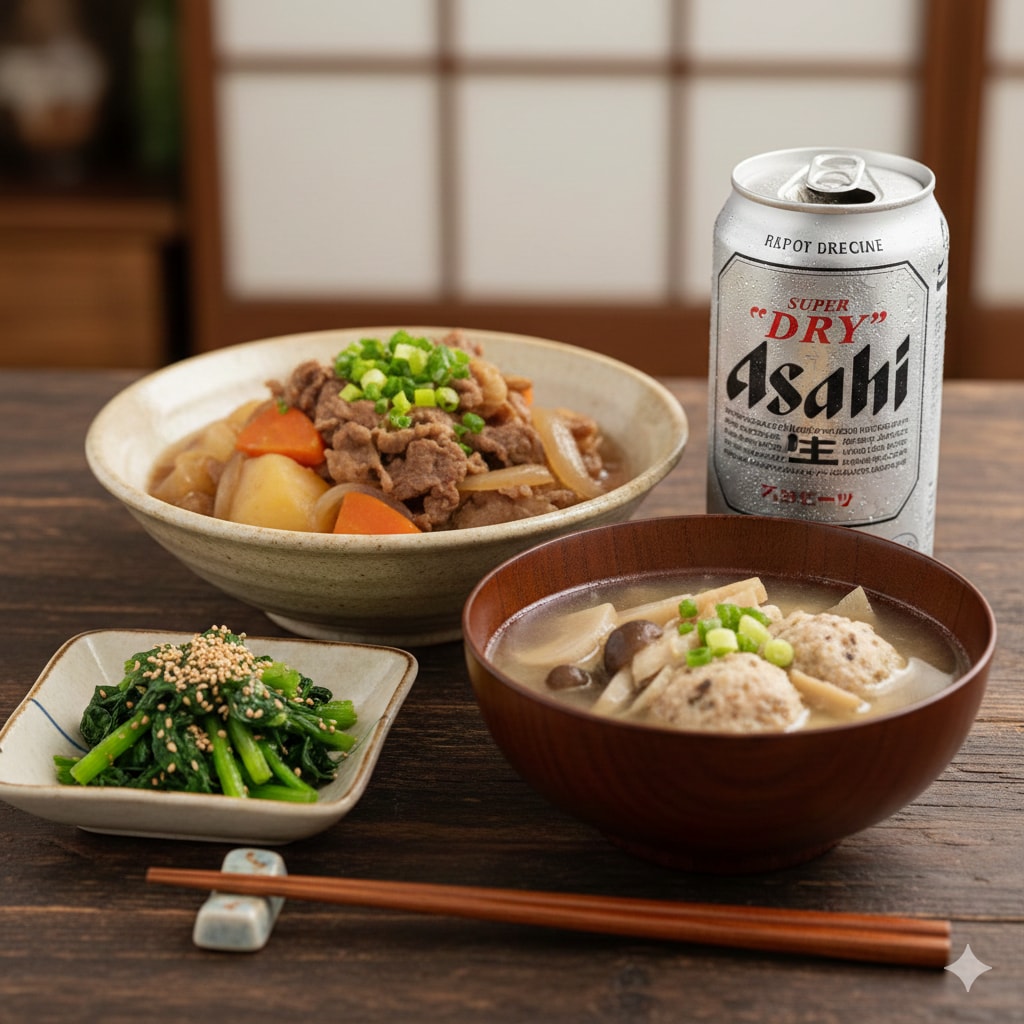 【晩飯】肉じゃが、ほうれん草のお浸し、鶏ごぼうつみれ汁、キンキンのやつ