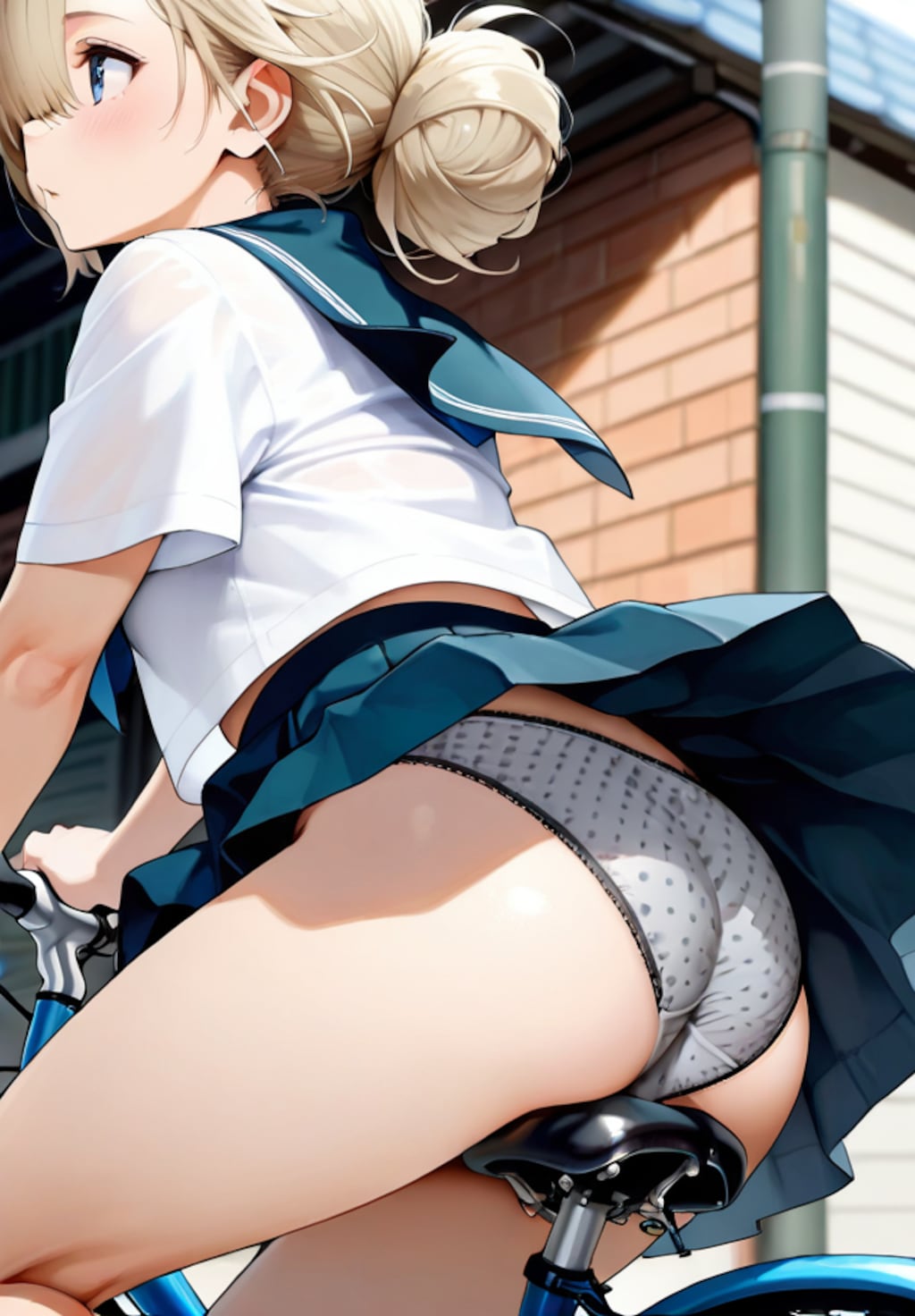 通学途中の女子学生のスカートは風になびく