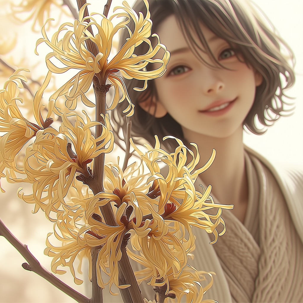 マンサクの花と女性