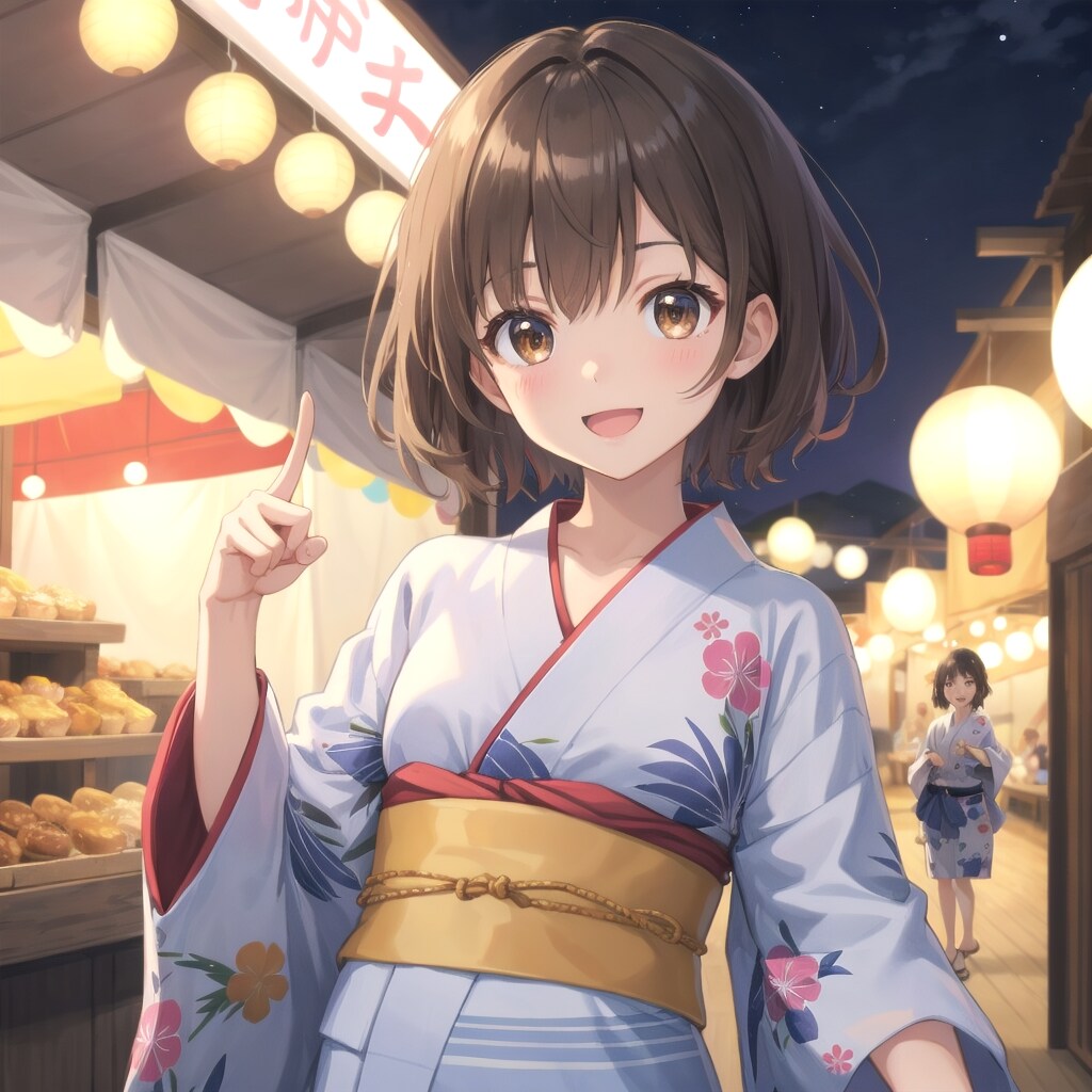 お祭りの屋台を見てはしゃぐ